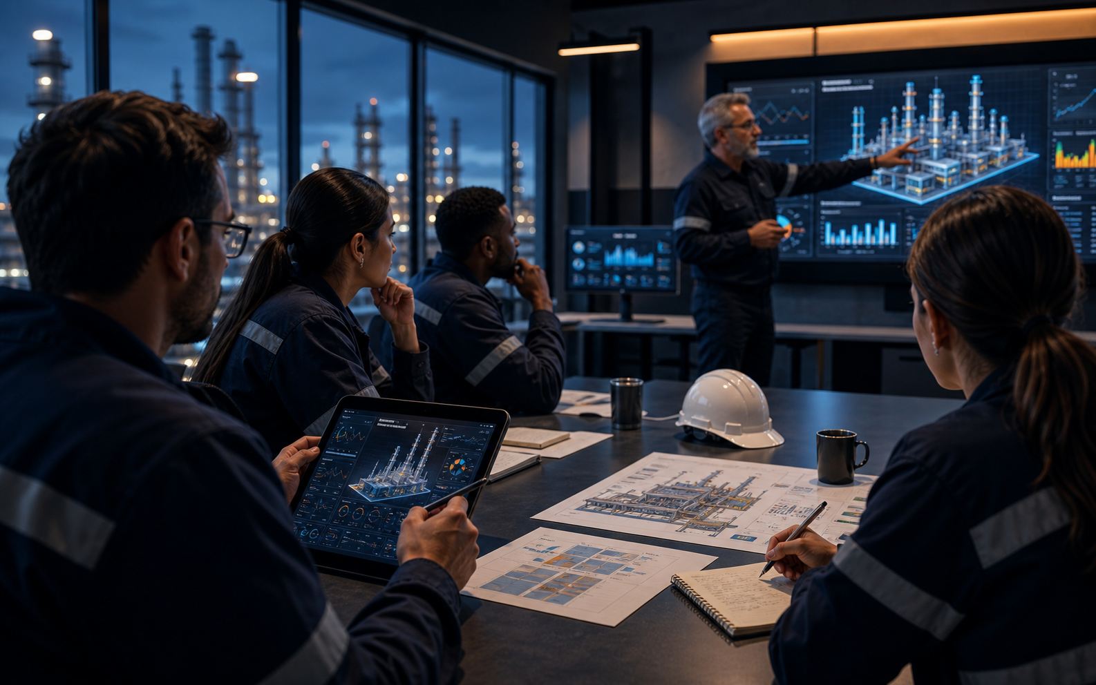 Industrial professionals learning from process dashboards and training materials