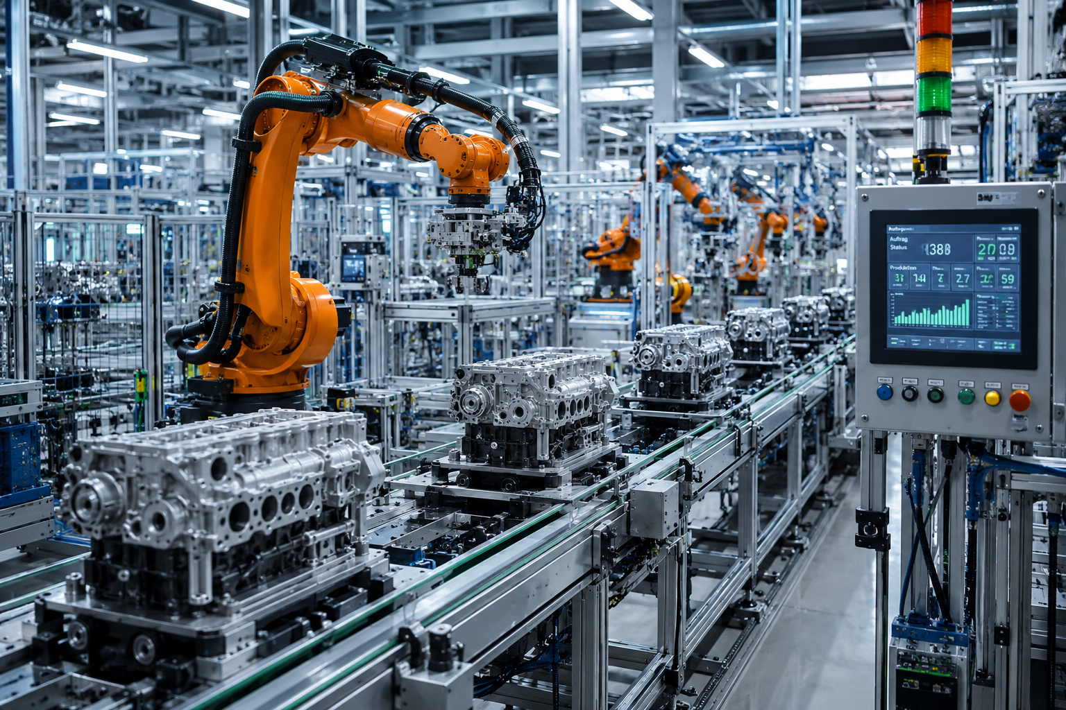 Automated industrial production line with robotic arms and control panel